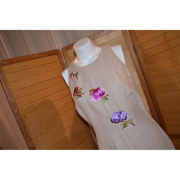 Vintage Dress Boho Shift Embroidered on Khaki Designer Trend - Picture 2 of 7